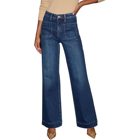 Denim - Women's Wide Leg Jeans High Waisted Stretch Denim with Pockets for Casual Wear